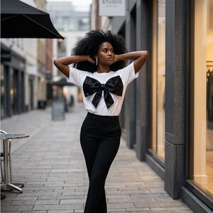 Women’s White Short-Sleeve Tee with Black Bow Accent